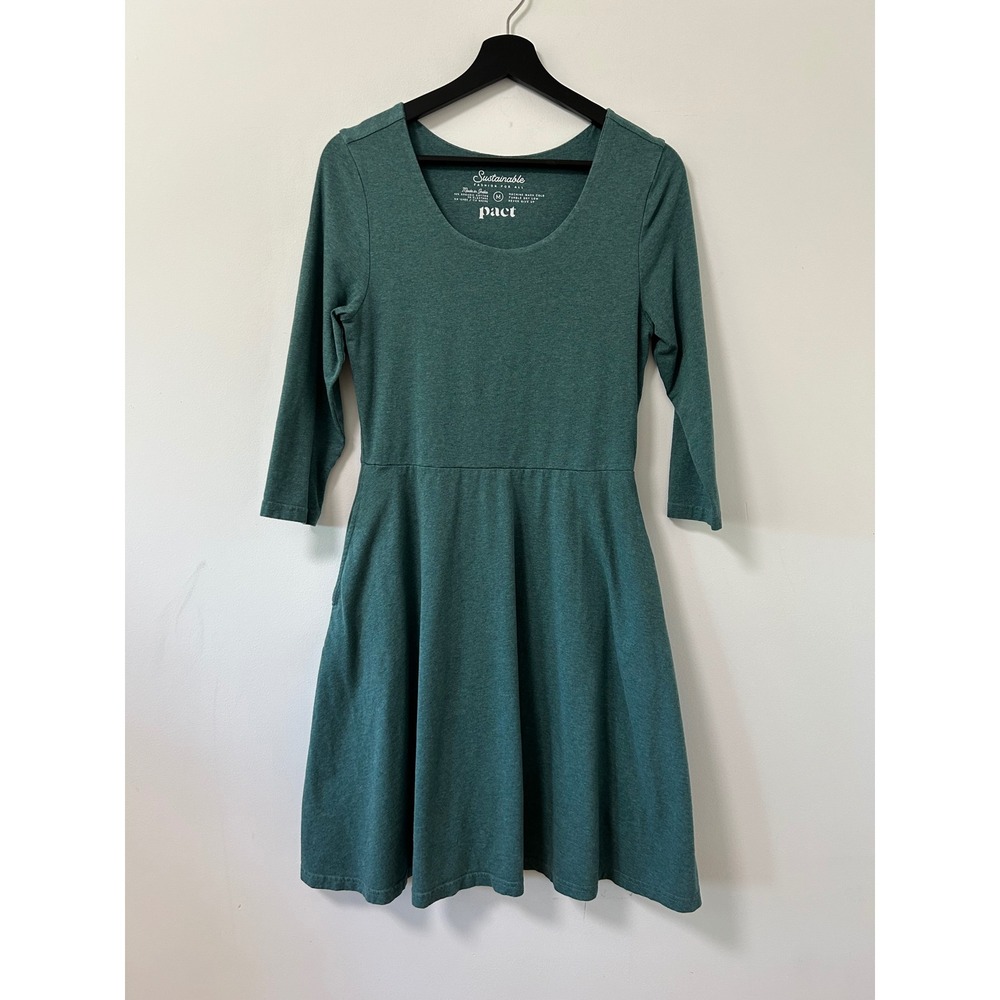 Pact Organic Cotton Fit and Flare Pocket Dress Teal Green Heathered Medium